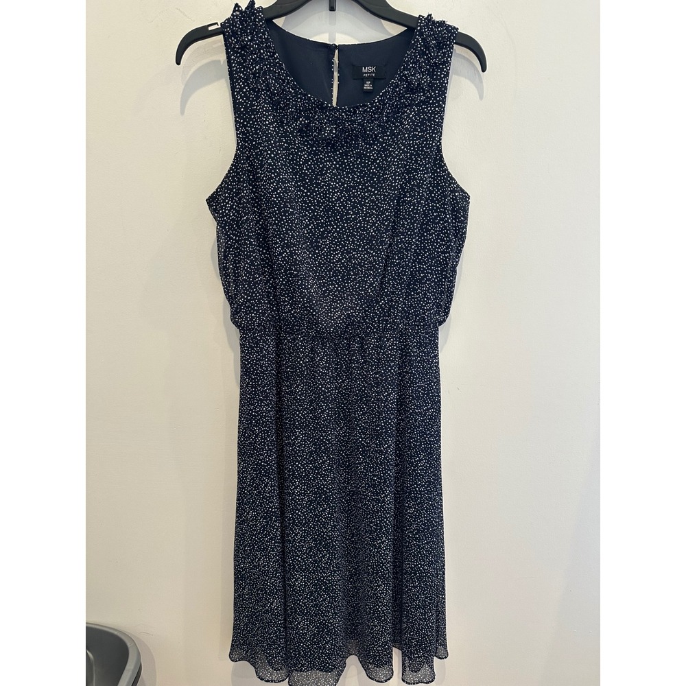 MSK Petite Navy Blue Polka Dot Sleeveless Ruffle Neck Elastic Waist Dress 10P
